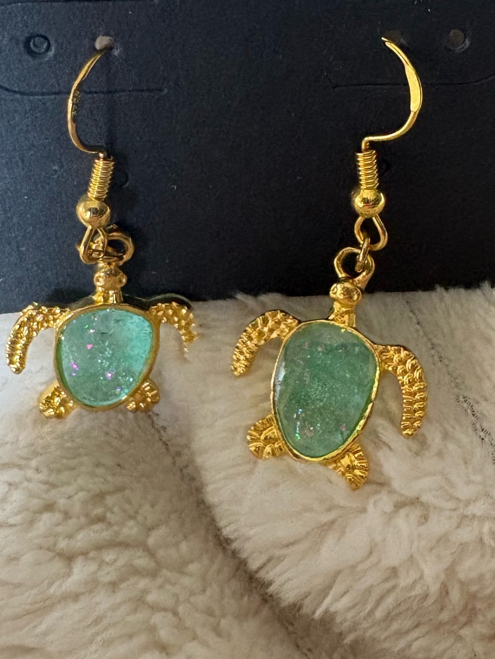 Gold Turtle Drop Earrings with Green Gem Accents